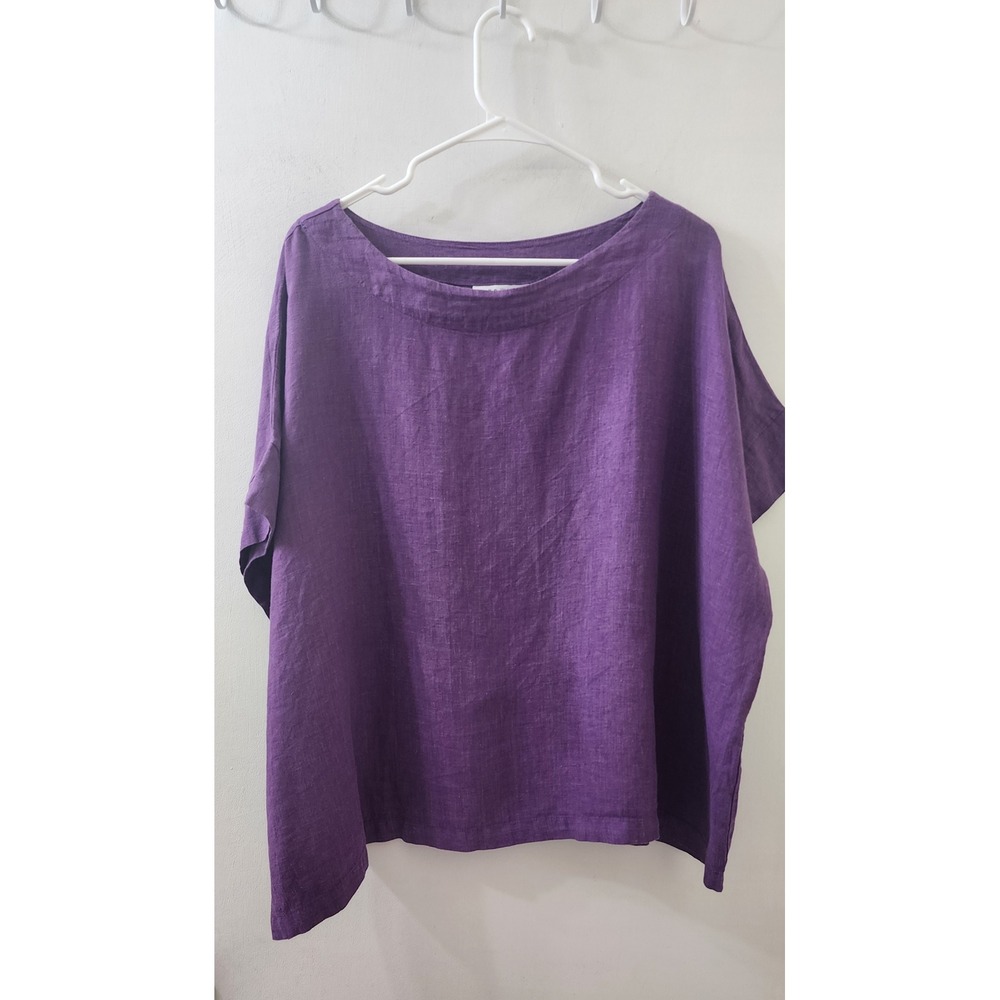 Bryn Walker Purple 100% Linen Boxy Boat Neck Top XXL Made in USA Lagenlook